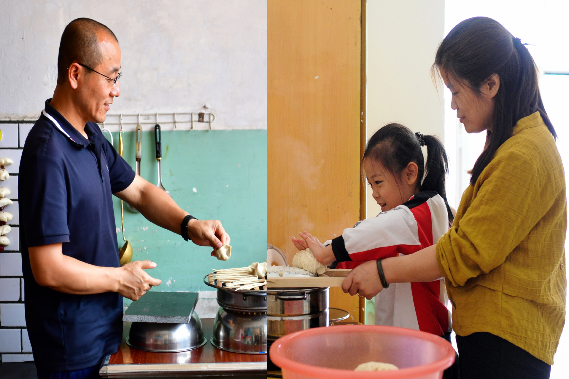 刘志军（左）、李翠叶（右）和女儿在村里做饭。新华社发.JPG